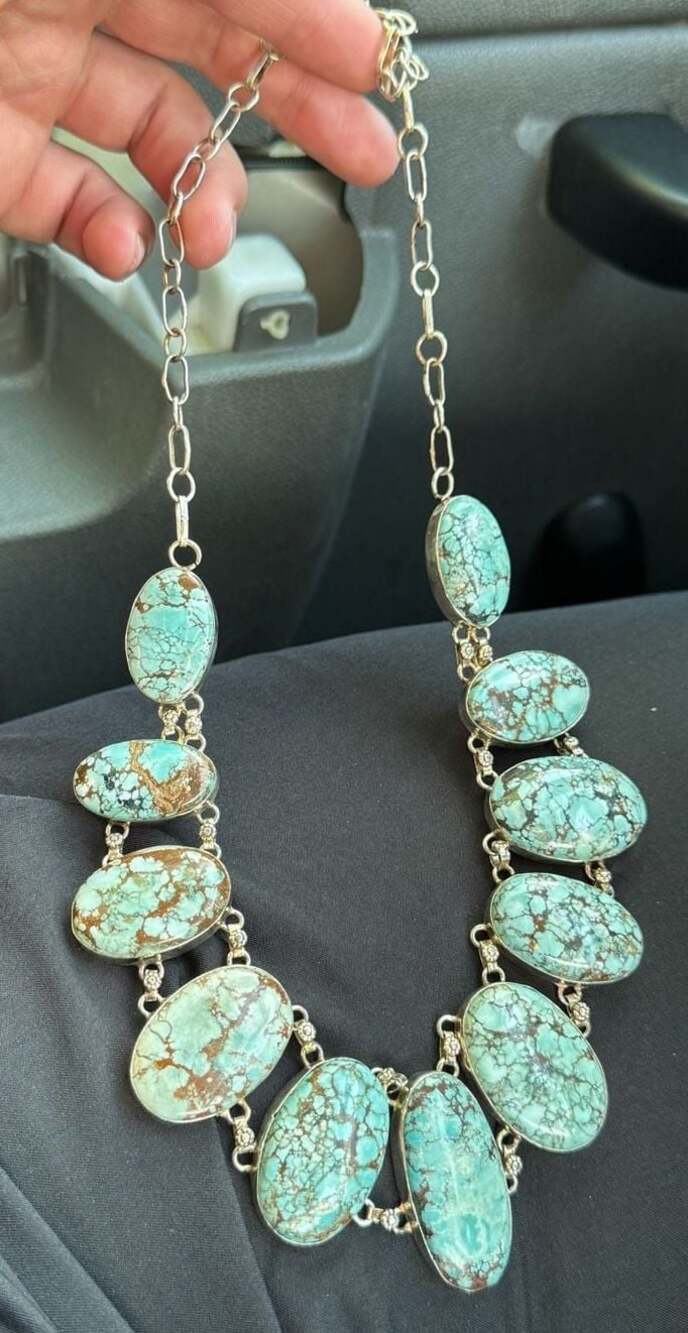 Sterling Silver Turquoise Oval Set In Stone Statement Necklace 925 Handmade Sign